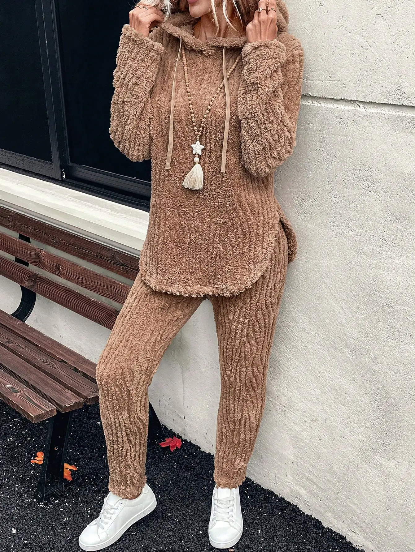 

Женский уютный флисовый комплект из 2 предметов с капюшоном и брюками в рубчик, осенне-зимний, повседневный