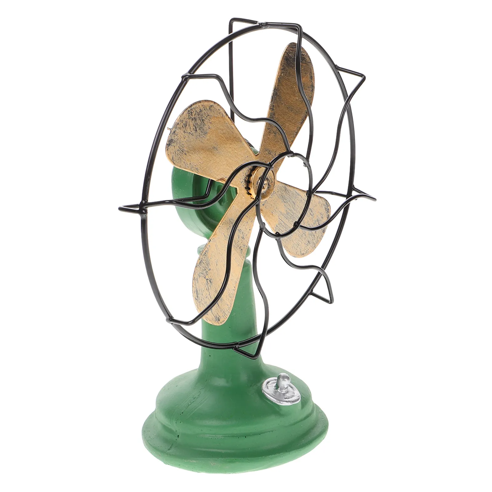 Distressed Black Iron Vintage Standing Fan Decor Non Functional Rustic Style 4 Blade Fan with Circular Wire Grill Exposed Bolts
