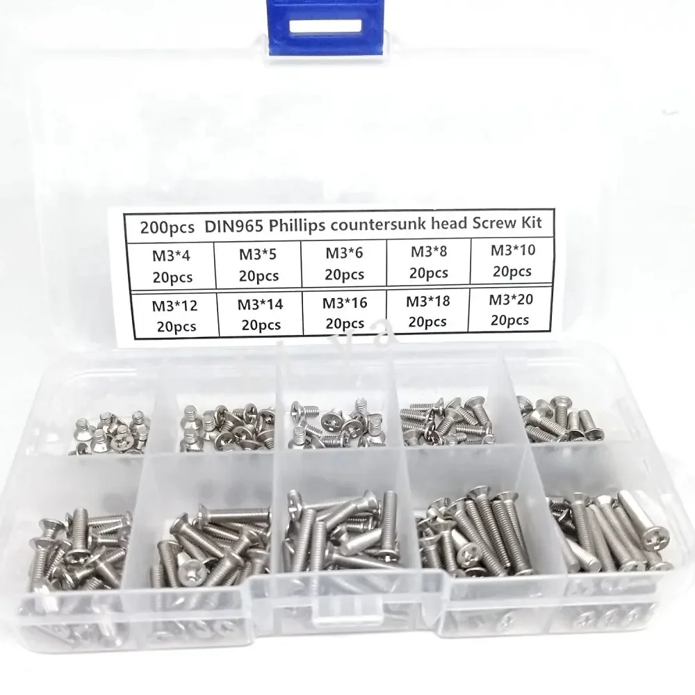200pcs M2/2.5/3 * 4/5/6/8/10/12/14/16/18/20mm DIN965  Cross Recessed countersunk Head Phillips Screws KIT