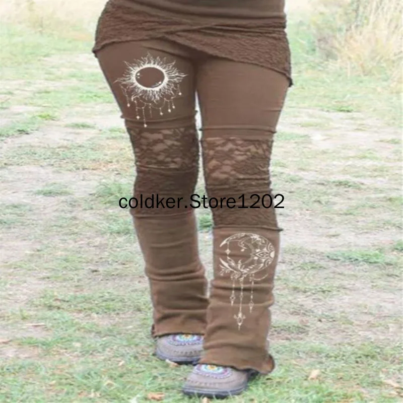 Medieval Vintage Style Slim Trouser 2023 Women Personality Lace Printed Patchwork Stretch Tights Casual Female Clothing XS-5XL
