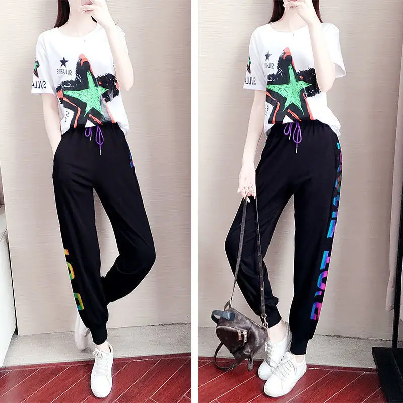 Women\'s 2023 Spring Summer New Casual Sports Suit Short Sleeved Printed T Shirt And Harem Pants Two Piece Set For Women Clothing