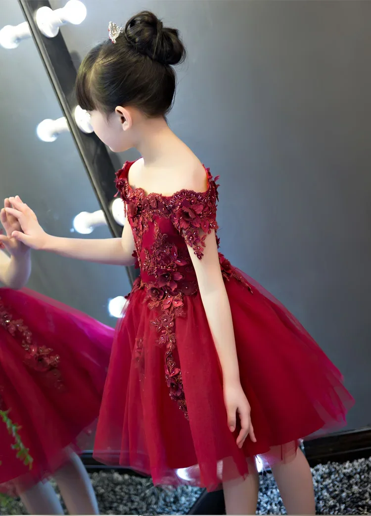 New Shoulderless Flower Girls Dresses For Wedding Appliques Formal Girl Birthday Party Dress Red Lace Princess Ball Gown