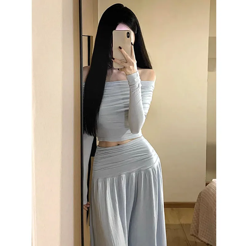 

Women Casual Set One Shoulder Slim Long Sleeve High Waiste Loose Dress Pleated Design Solid Color Simple Versatile Two-piece Set