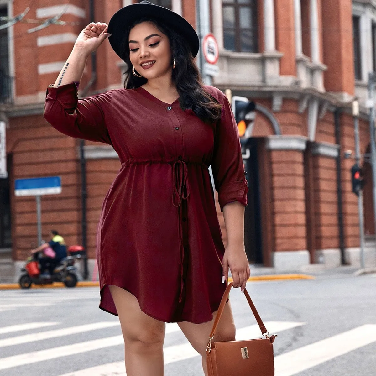 

Fashion Plus Size Dresses for Women 2022 Spring Autumn Elastic Waist Single Breasted Sexy V-neck Midi Dress Oversized Clothes