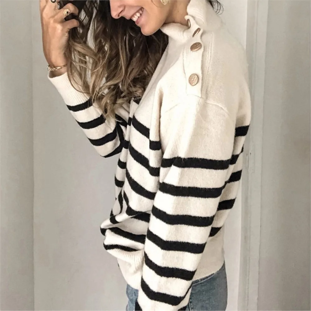 Women's Clothing  Pulls Femmes Knitted Sweaters High Neck Pullover Shoulder Straps Button Striped Sweater All-match Simple Style