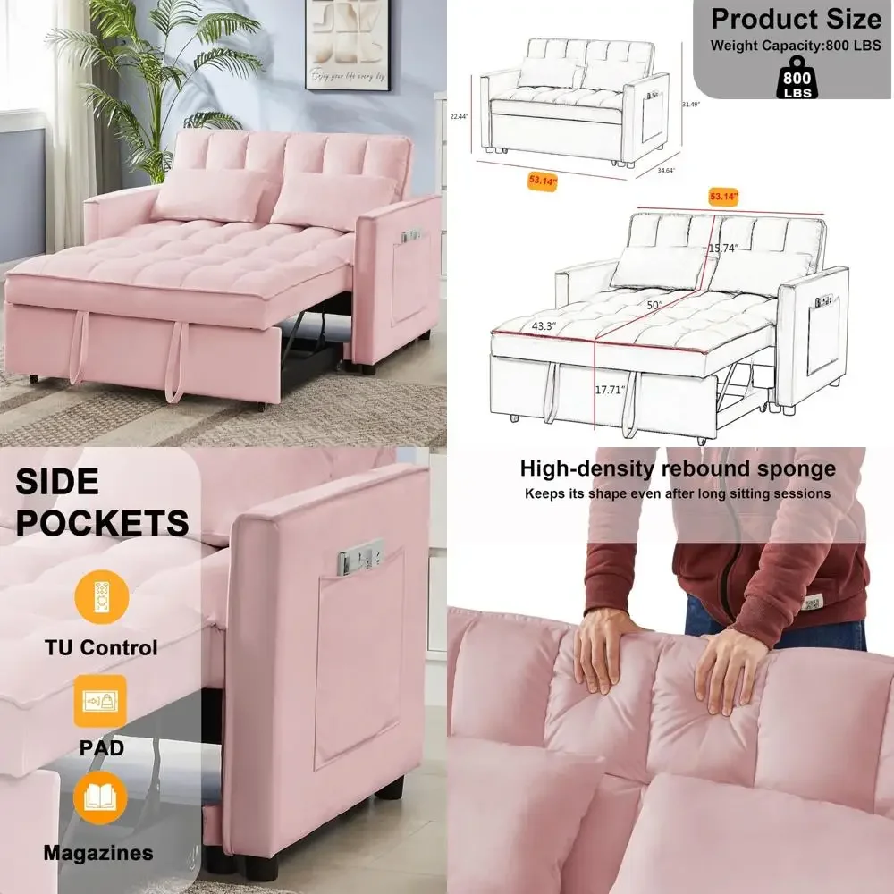 Convertible Sleeper Sofa with Adjustable Backrest, Side Pocket, Pull-Out Loveseat Futon Couch for Small Spaces Comfort