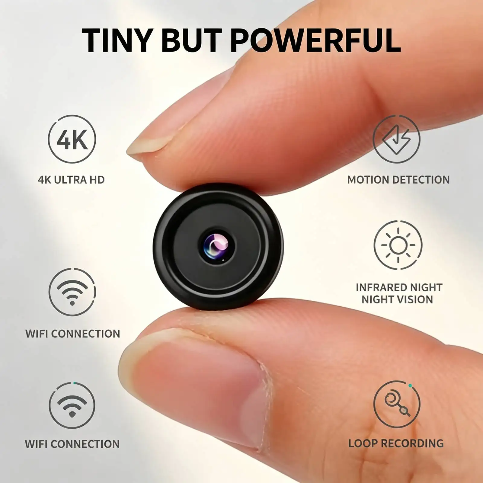 R13 Mini WiFi Security Camera, 4K Ultra HD tiny surveillance cam with infrared night vision, motion detection alert, loop recording. Compact portable design for home, office, car indoor monitoring. Real‑time phone remote view, easy setup