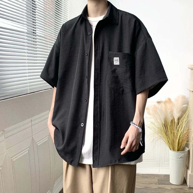 

Solid Color Men's Short Sleeve Shirts Spring Summer Oversizes Breathable Blouses Big Size Casual Cardigan Japanese Clothing