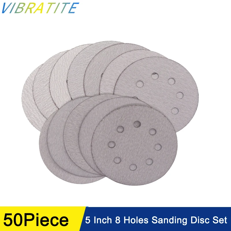 50Pcs Sanding Disc 5 Inch 8 Hole Hook and Loop Sandpaper 125mm  Aluminum Oxide 60-1000 Grit for Random Orbital Sanders Polishing