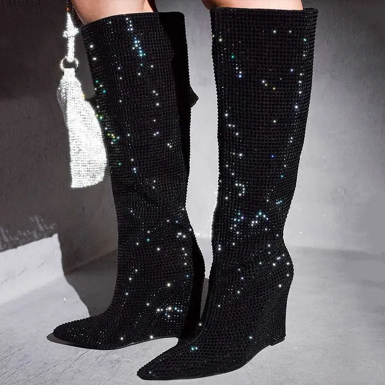 

Black Rhinestone Wide Calf Knee High Sparkly Boots with Wedge Heel Fashion Party Shiny Knee High Boots Dress Classic Spring