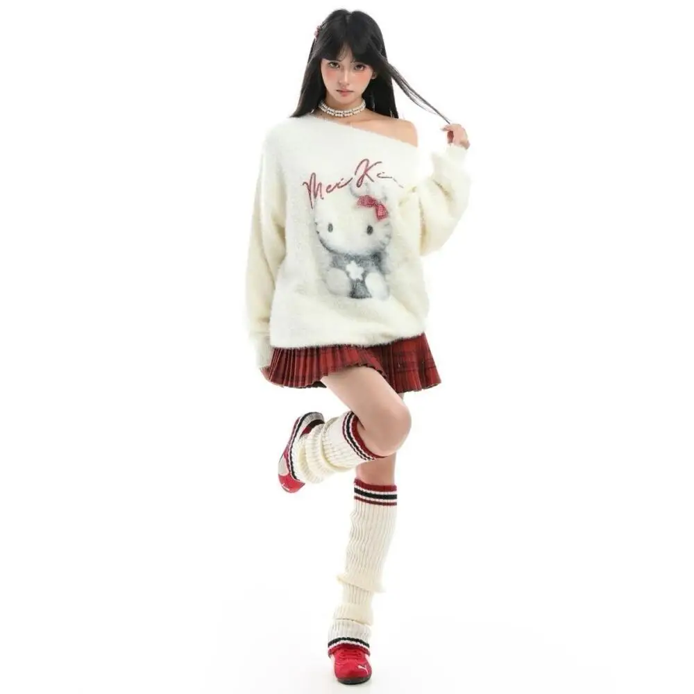2025 مرحبا كيتي سترة لينة المرأة أنيمي Kawaii الخريف الشتاء الحياكة رشاقته القمم طالب فضفاض دافئ بلايز عادية الفتيات هدية