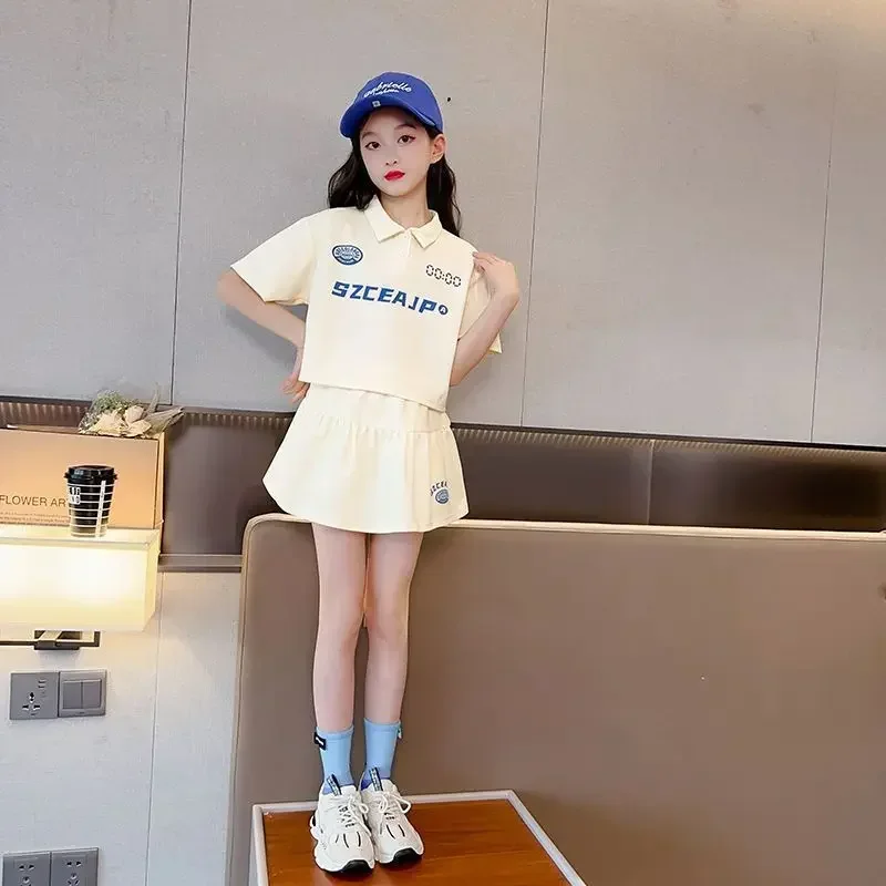 

Girls Summer Trend Casual Korean Style Polo Shirts+Skirts 2pcs Suits Teenage INS Leisure Outfit Streetwear Sets Children Clothes