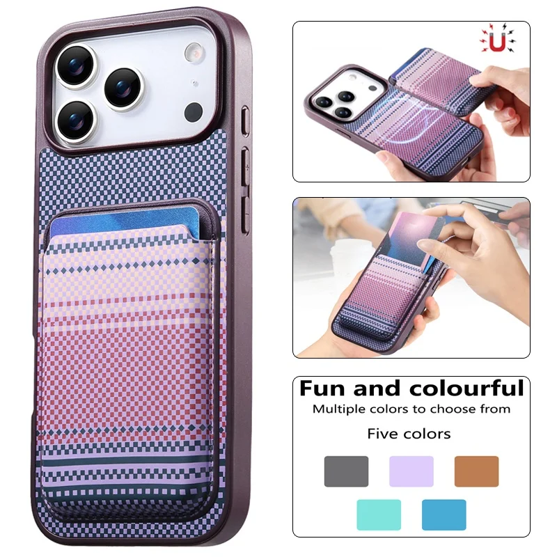 

Carbon Fiber Pattern Wallet Phone Case For iPhone 17 Air 17E 16E 16 Pro Max 15 Plus 14 13 12 Wrieless Charging Card Holder Cover