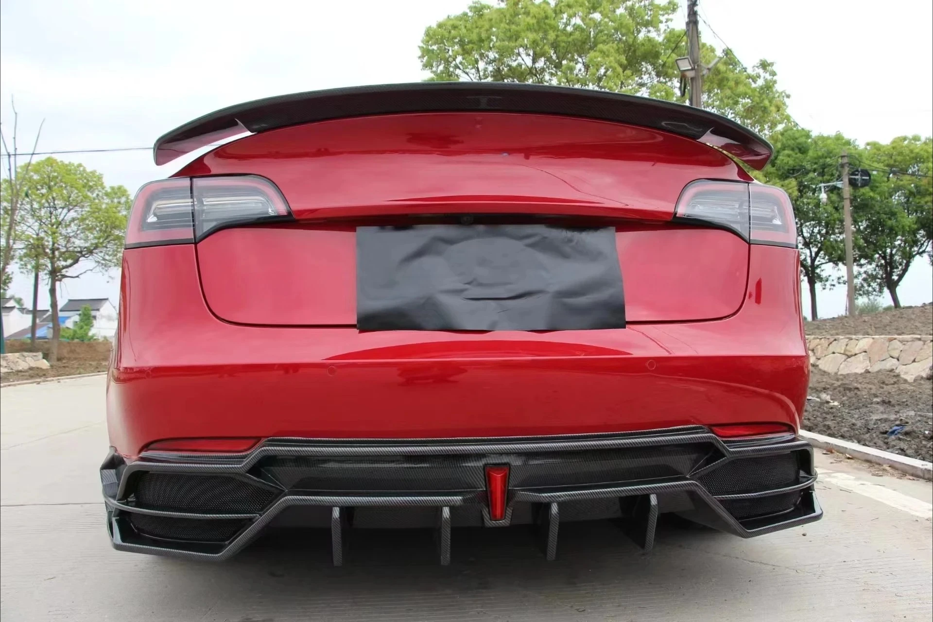 For Model3 Super March V Style Body Kit Water Transfer Printing Carbon Fiber Front Lip Diffuser Side Skirt Spoiler Bodykit