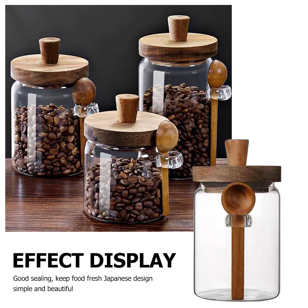 

Coffee Bean Storage 850ml Glass Sealed Jar Canister Wooden Lid Airtight Kitchen Food Containers Tea Sugar Grains Pantry