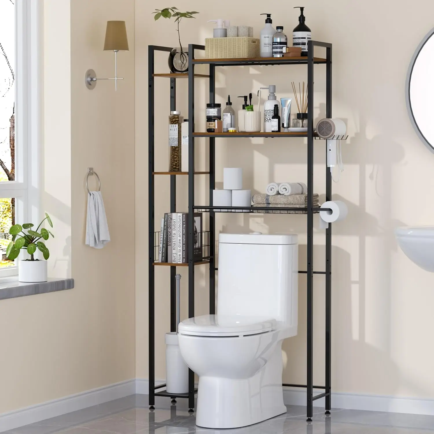 

Over The Toilet Storage with Wooden Shelves and Side Rack, 7-Tier Metal Over Toilet Bathroom Organizer Freestanding Storage S