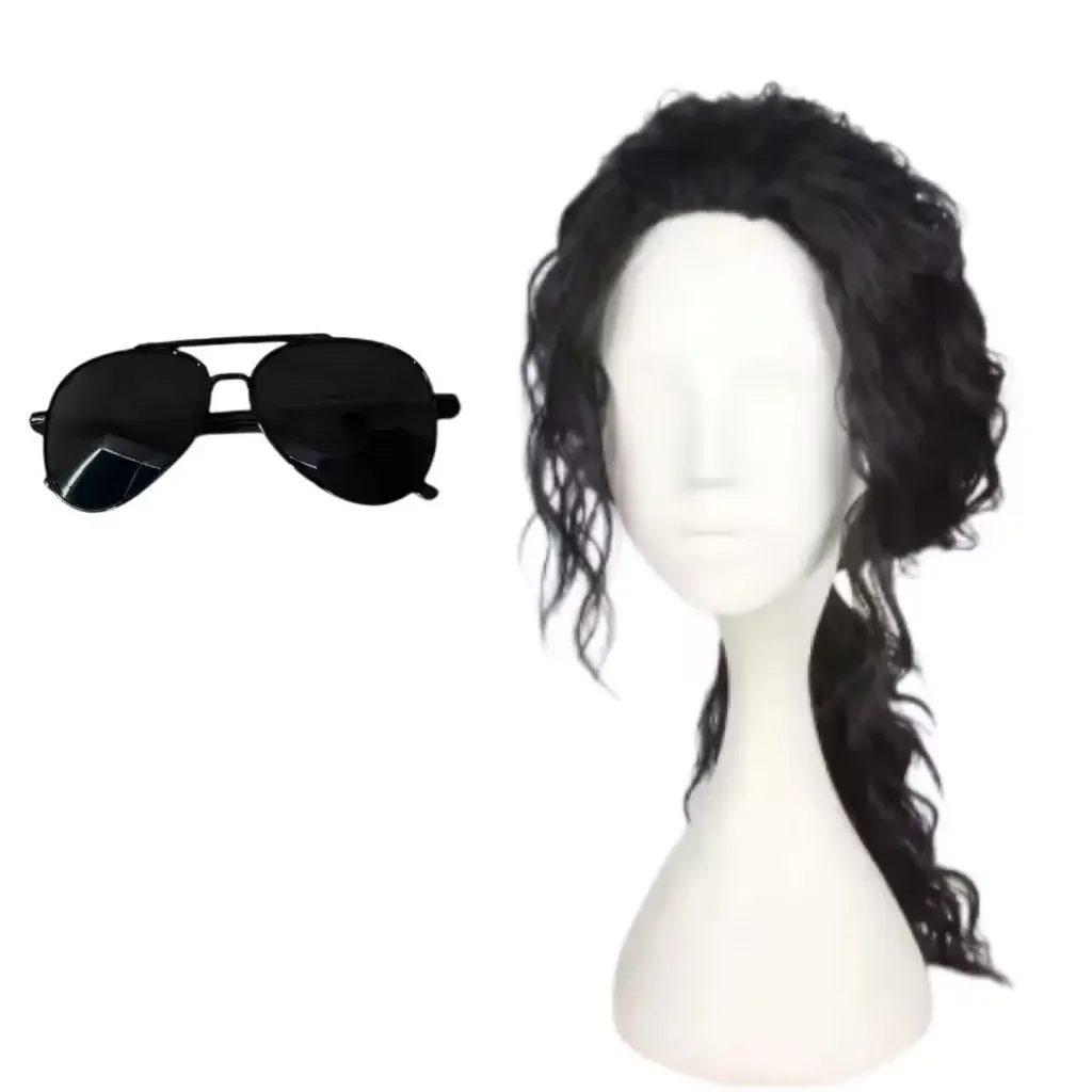 Michael Jackson Cosplay Accessories Set Sequin Long Wig Sunglasses Suspender Tie for Halloween Party view 2