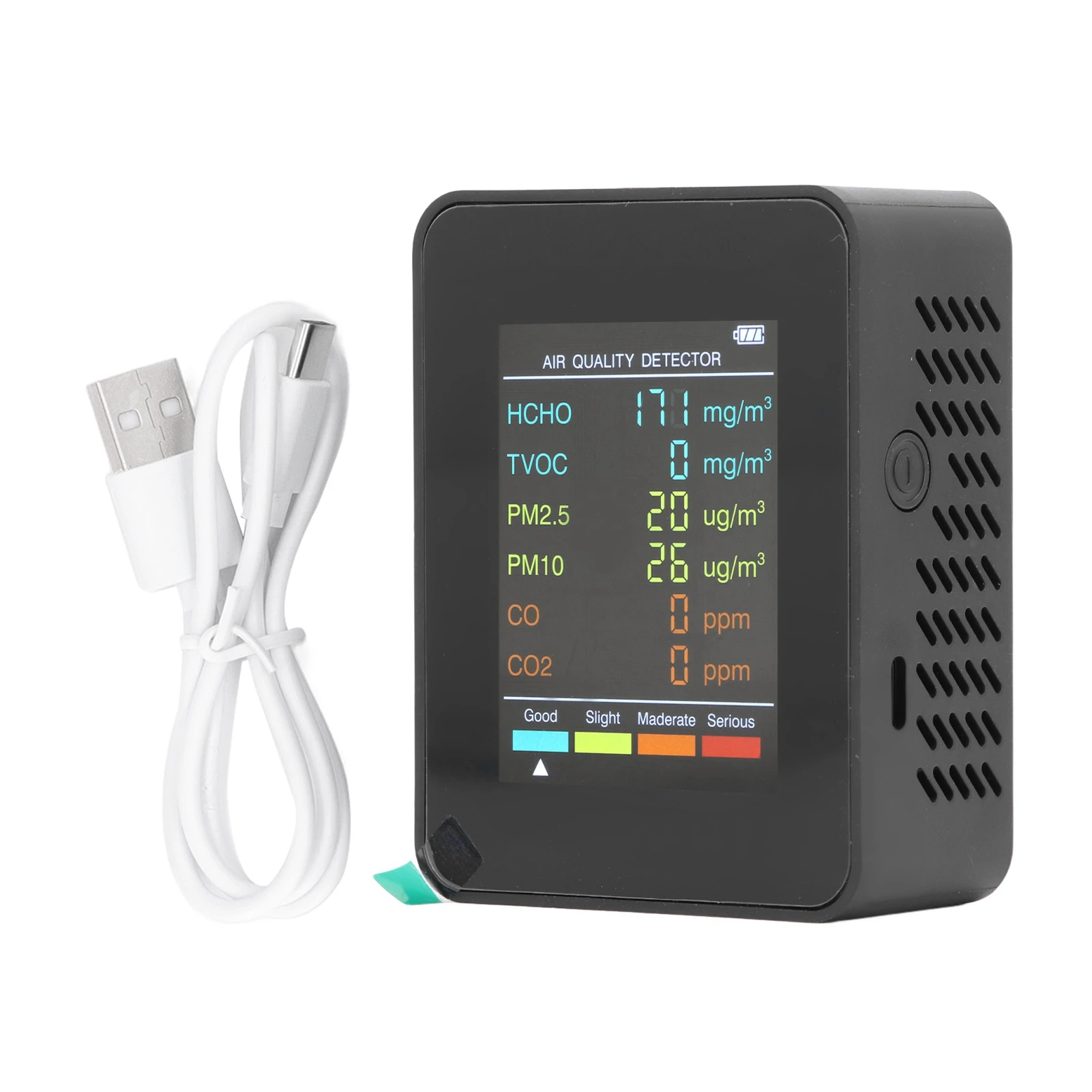 Draagbare luchtkwaliteitsmonitor met LCD-scherm met achtergrondverlichting, CO2-, TVOC-, HCHO-, PM2.5- en PM10-detectie, inclusief alarm.