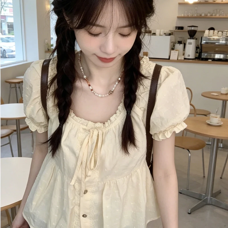 Women Ruffled Sweet Bandage Blouse Harajuku Single Breasted Tops Y2K Aesthetic Suare Collar Grunge Blusas Streetwear De Mujer