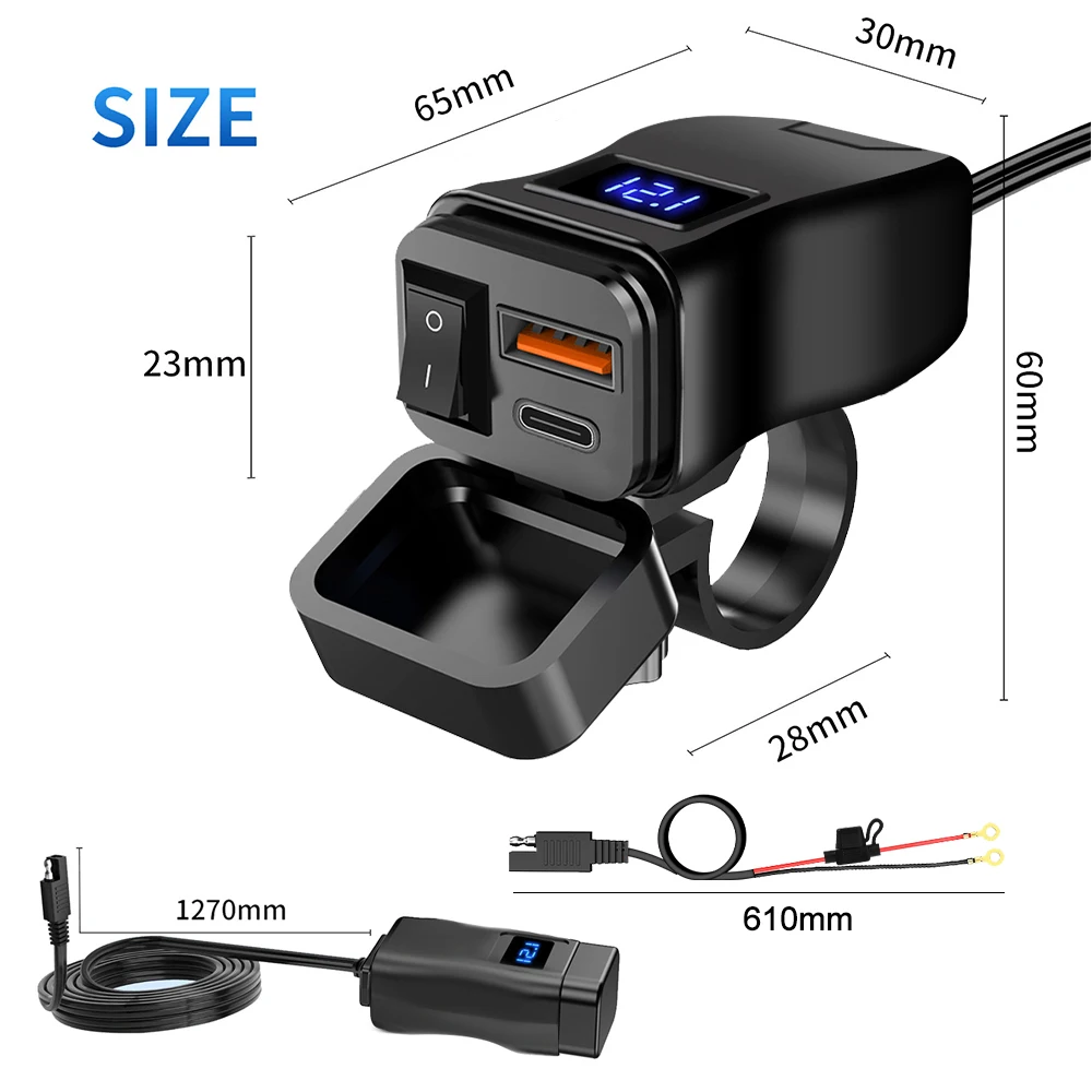 Motorcycle Charger Dual USB QC3.0 Fast Charger Power Adapter Socket with Switch Waterproof Digital Voltmeter Moto Accessory