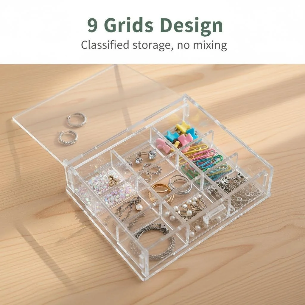 9-Grid Acrylic Storage Box for Jewelry, Beads, Crafts, Makeup, Office Supplies – Transparent Organizer with Compartments