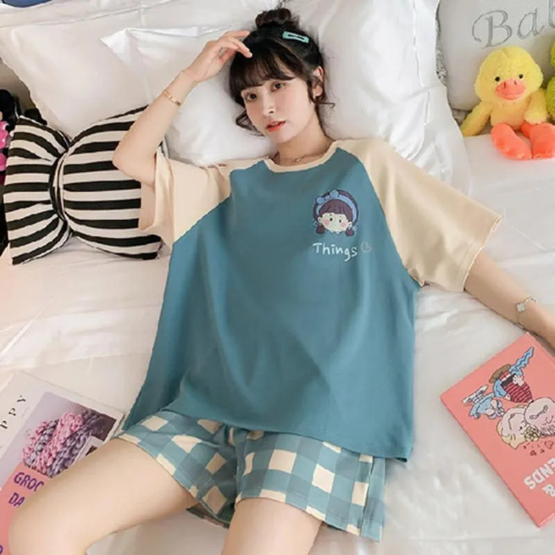 2PCS/Set Large Size Girl Korean Version Short-Sleeved Shorts Pajamas Student Princess Wind Elastic Sweet Kawaii Ladies Homewear