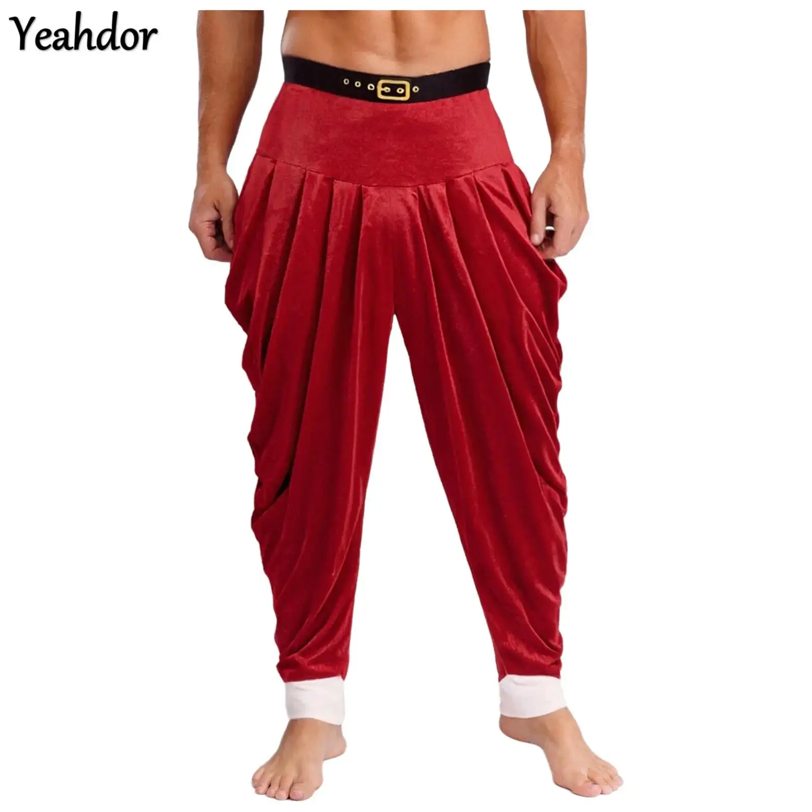 

Men Christmas Santa Claus Pants Elastic Waistband Red Velvet Long Pants Trousers Xmas Baggy Pants Theme Party Cosplay Costume