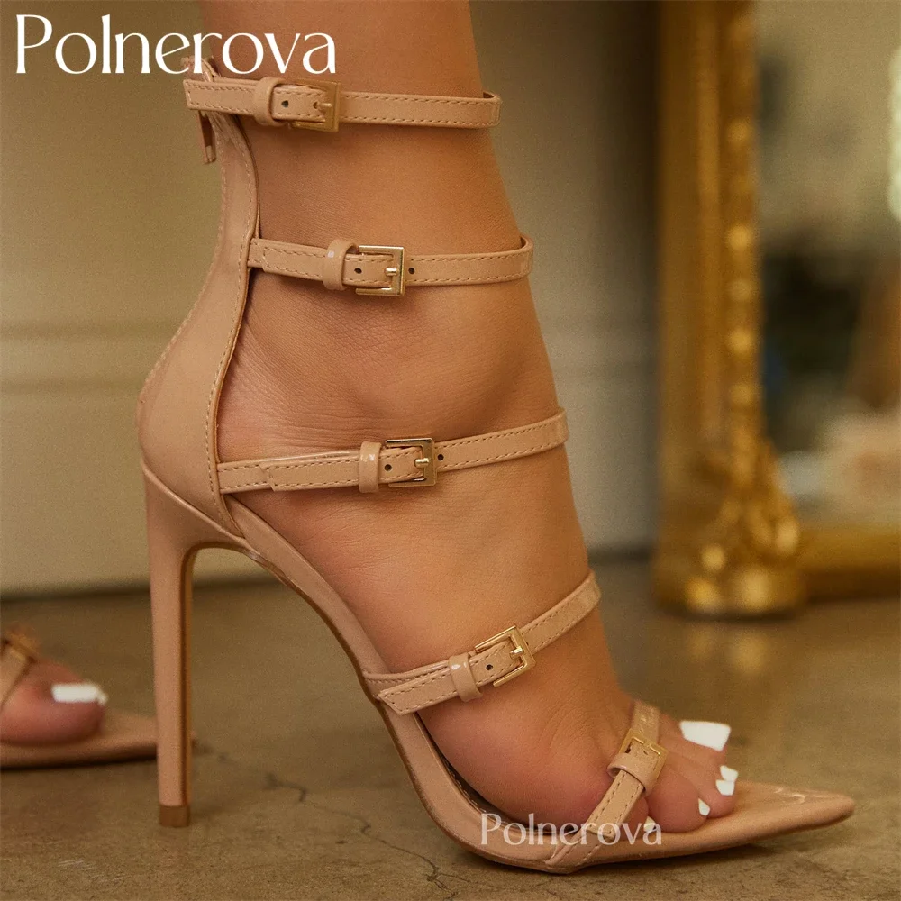 Multi Strap High Heel Sandals Pointed Open Toe Single Sole Summer Shoes Concise Sexy Style Stilettos Gold Leather Sandals Custom