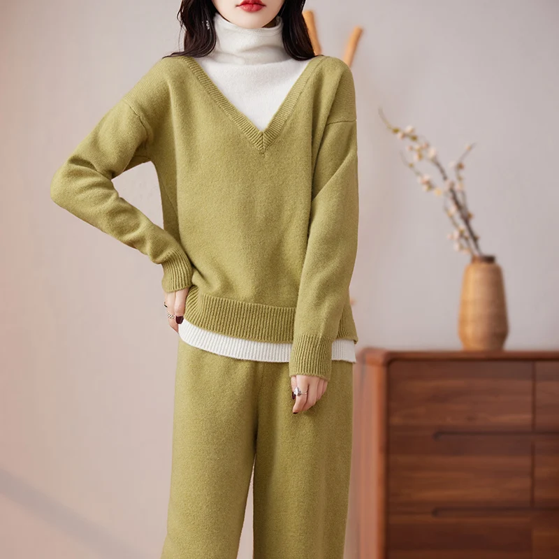 100% pure wool knitting suit women's pile collar long-sleeved shirt sweater loose design wide-leg pants two-piece suit