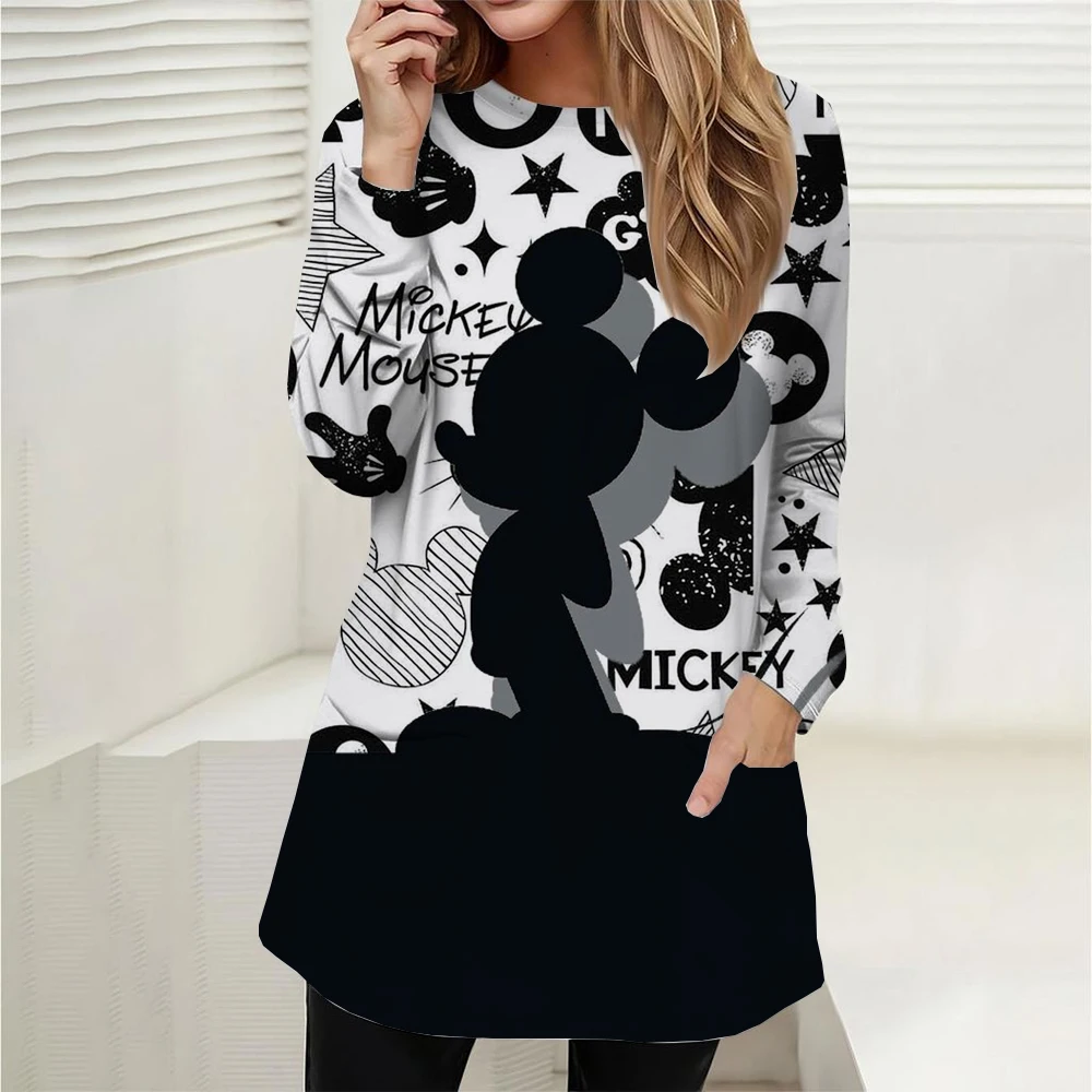 Oversized round neck loose casual pocket T-shirt for women, long sleeved Disney Mickey Mouse printed pullover for women, fashion