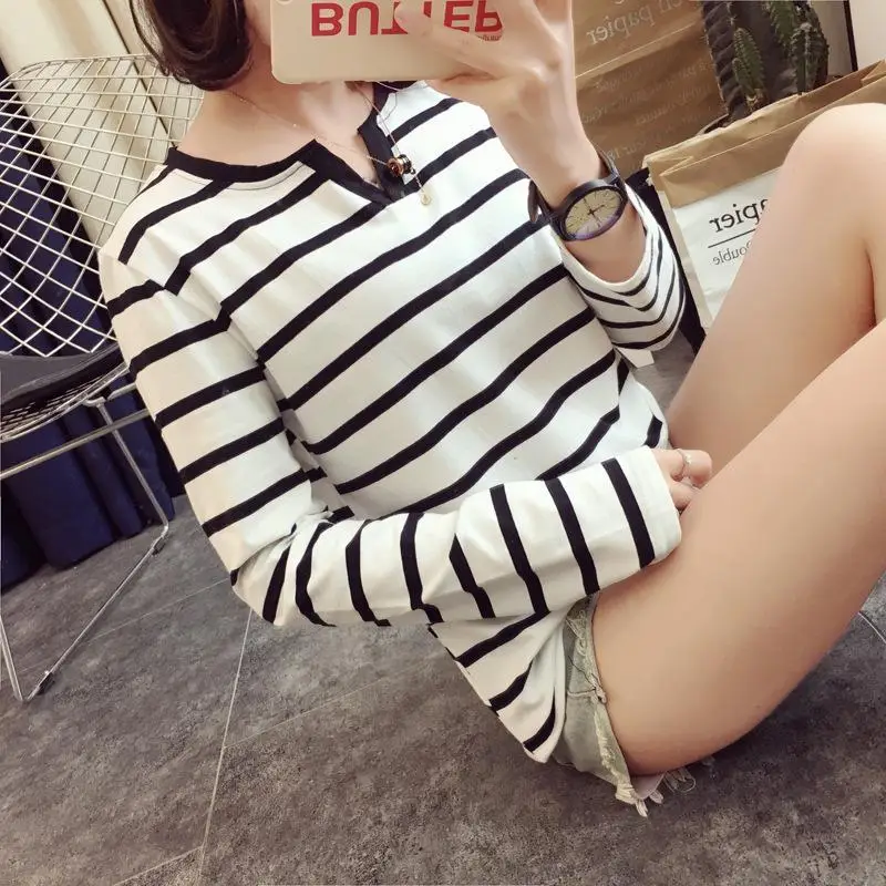 Long Sleeve Striped Contrast Youth Street Casual Tops Spring Autumn V Neck Loose Vintage T Shirts Trend Fashion Women Clothing