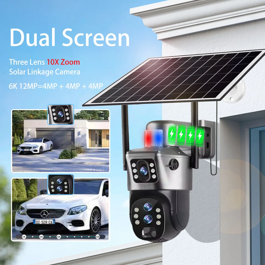 10X Zoom 4G caméra solaire Surveillance extérieure WiFi 6K 12MP trois objectifs 360 PTZ sans fil suivi automatique caméras de sécurité V380 Pro