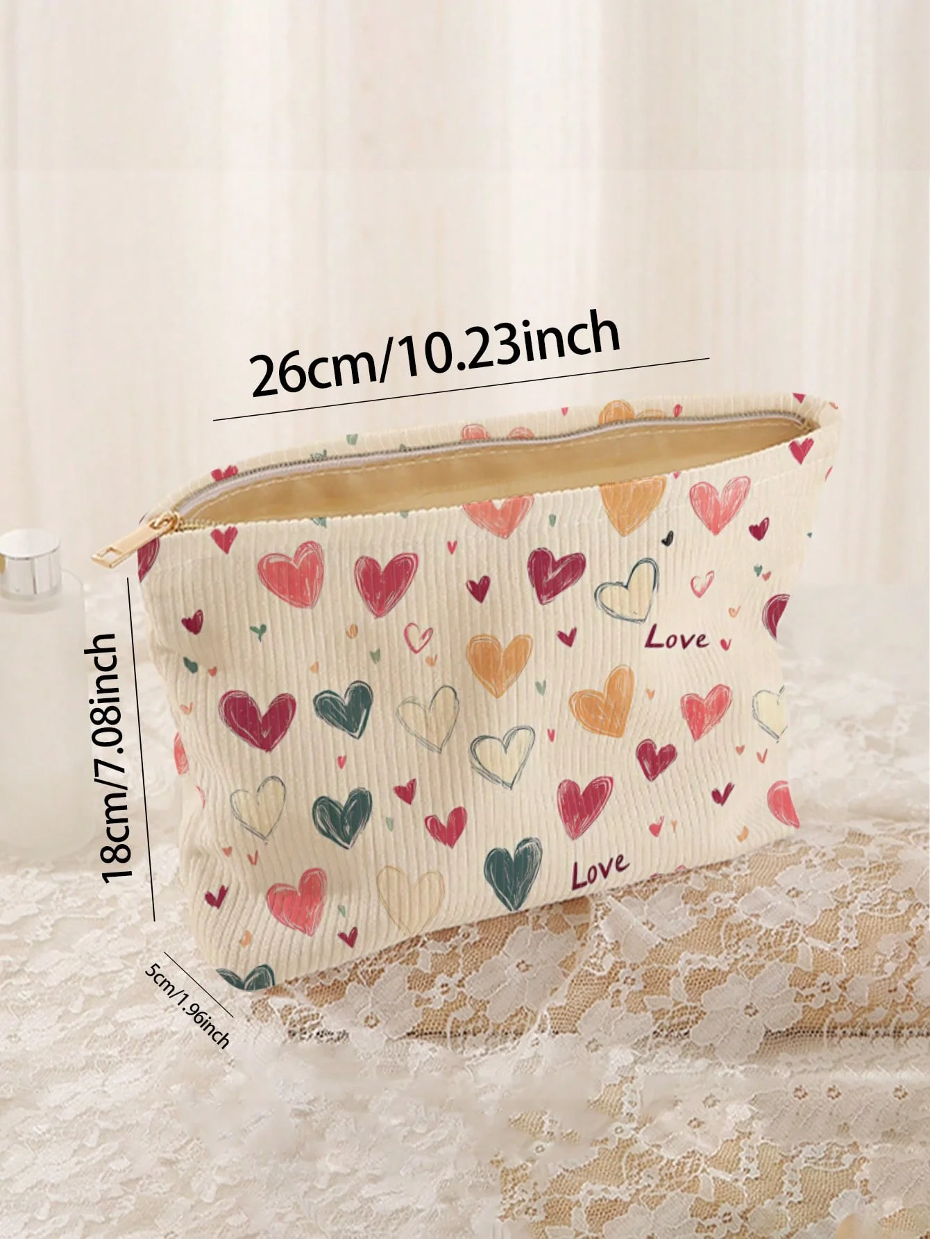 1pc，Portable cosmetics storage bag with colorful heart pattern double-sided printed travel zipper makeup bag