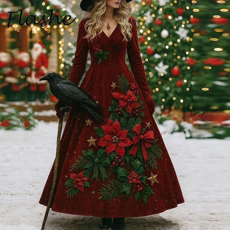 Autumn Winter Ladies Christmas Printed Dress Party Dress Festive Vintage V Neck Long Sleeve Casual Long Dress Atmosphere Clothes