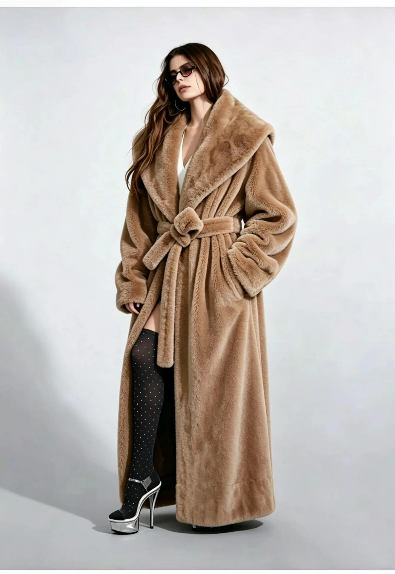 Long Coats Women Faux Fur Jackets Turn Down Collar Coat Thick Warm Y2k Streetwear Jacket Work Lace Up Tight Waist Autumn Winter