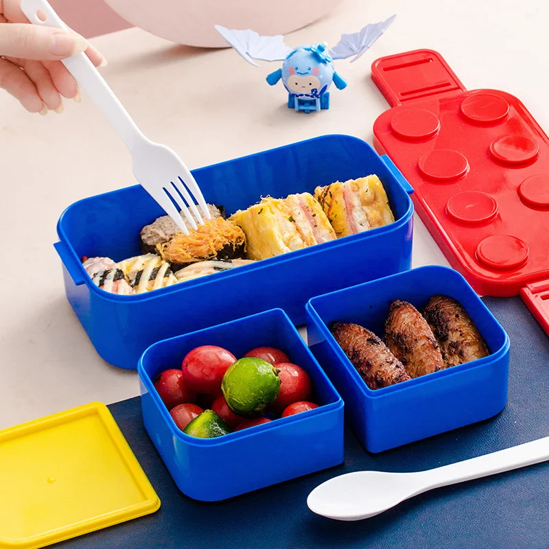 Double Layer Building Block Lunch Box Portable Bento Box for Outdoor Picnic Fruit Salad Storage Container Student Dinnerware