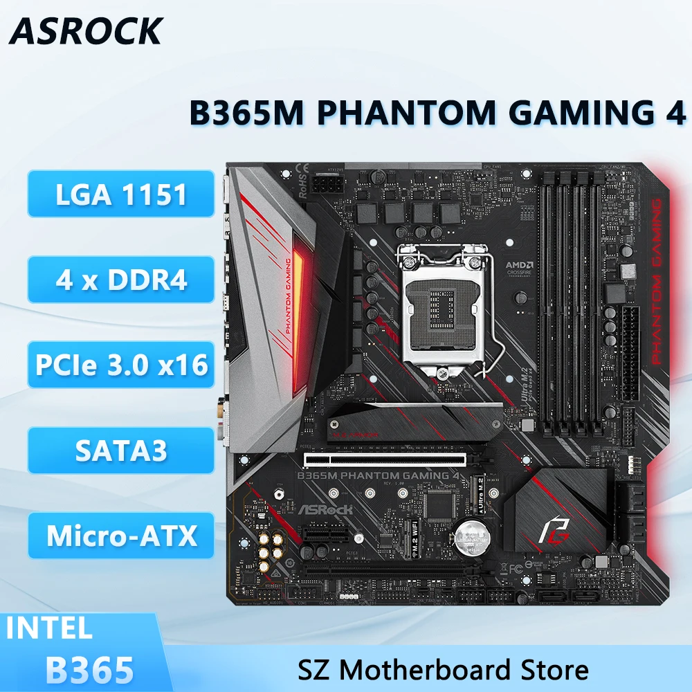 

ASROCK B365M PHANTOM GAMING 4 B365 LGA 1151 Motherboard Support i9-9900K/9900 i7-9700K i5-9600K/8500 i3-8100 HDMI M.2 Micro ATX