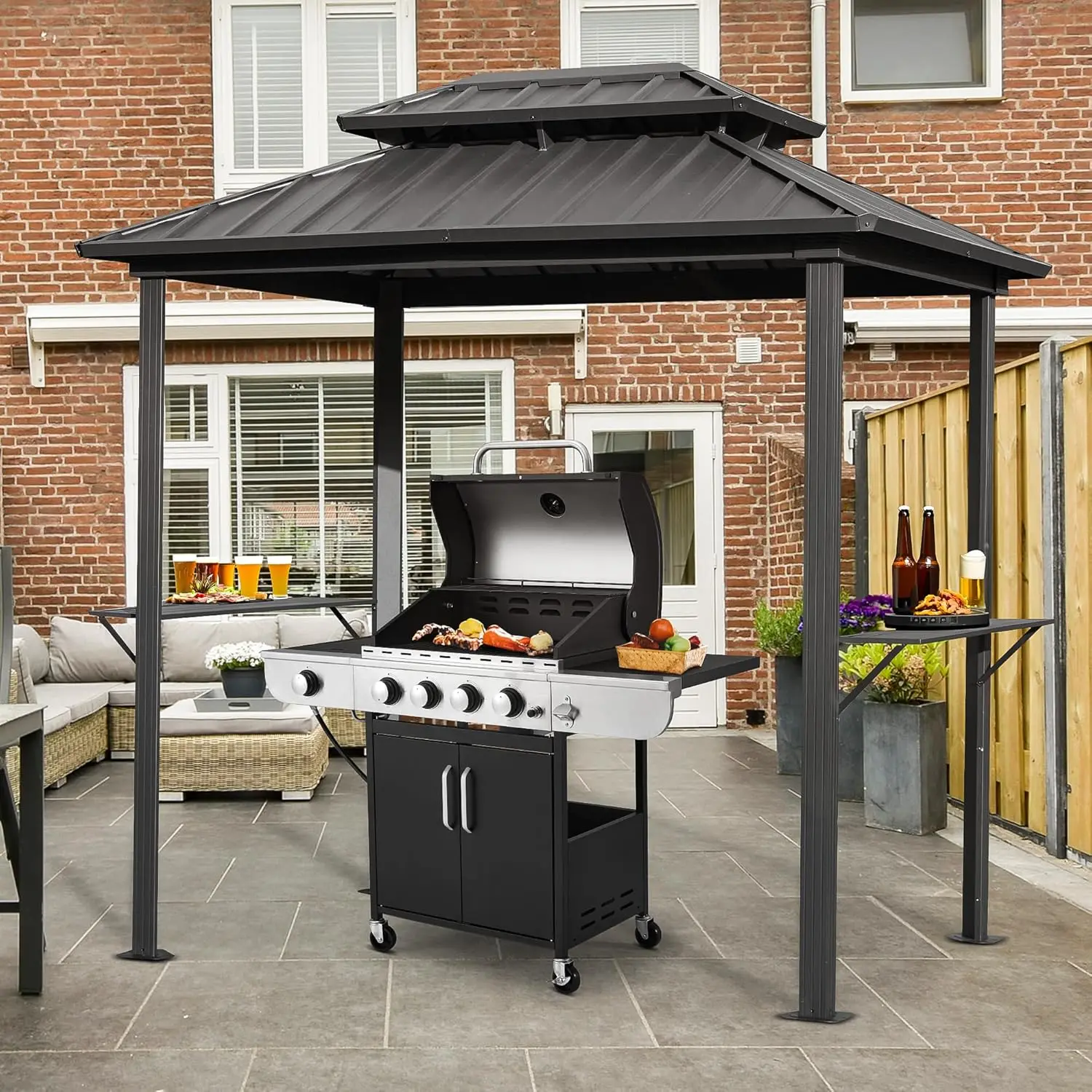 Mellcom Grill Gazebo 8 X 6 Ft, Outdoor Barbecue Gazebo With Double Galvanized Steel Roof, Aluminum Grill Canopy With Shelves