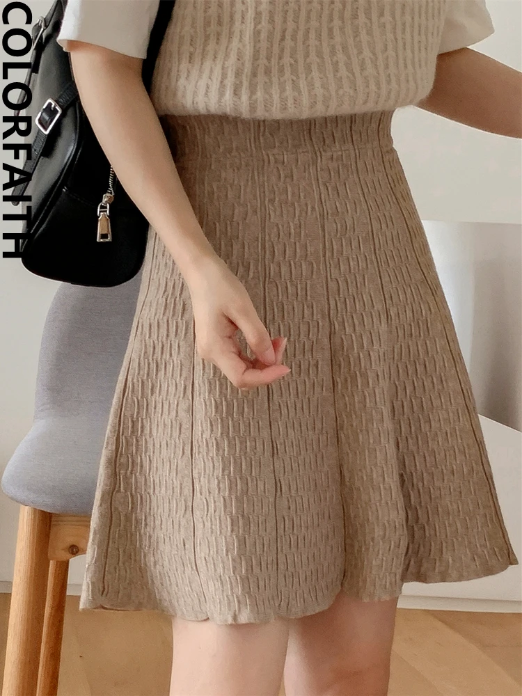 Colorfaith SK3808JX New 2023 Chic Knitted High Waist Elegant Vintage Korean Fashion Autumn Winter Women A-Line Flare Mini Skirts