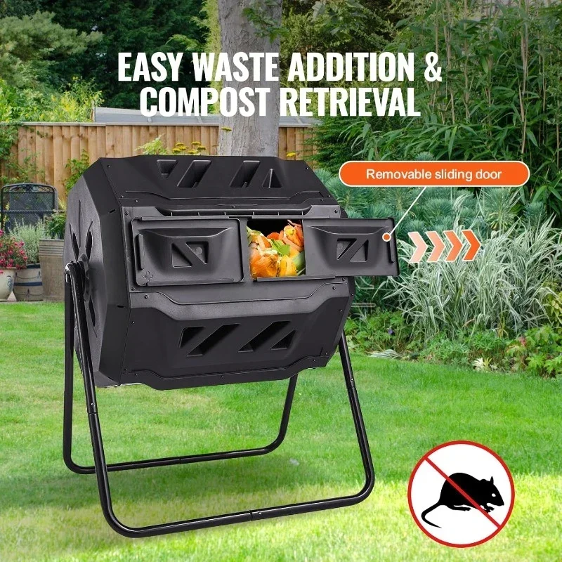 Compost Bin, 43-Gal Dual Chamber Composting Tumbler, Large Tumbling Rotating Composter with 2 Sliding Doors