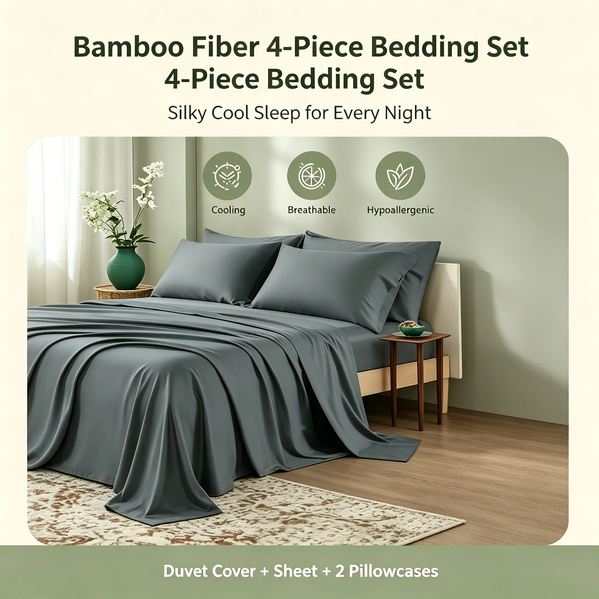 80% Bamboo Fiber 20% Polyester Bedding Set Soft Breathable Bed Sheet Duvet Cover Pillowcases 4‑Piece Set For Home Hotel Apartment Luxury Cooling Bed Linen Queen King Full Twin Size Bed Decor