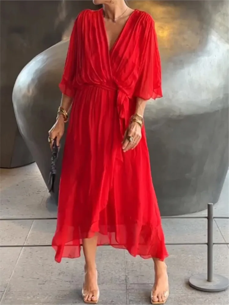 Lente Zomer V-hals Losse Lange Onregelmatige Jurk Vrouwen Sexy Groene Batwing Mouw Lace Up Geplooide Boho A-lijn Midi Jurken Gewaad