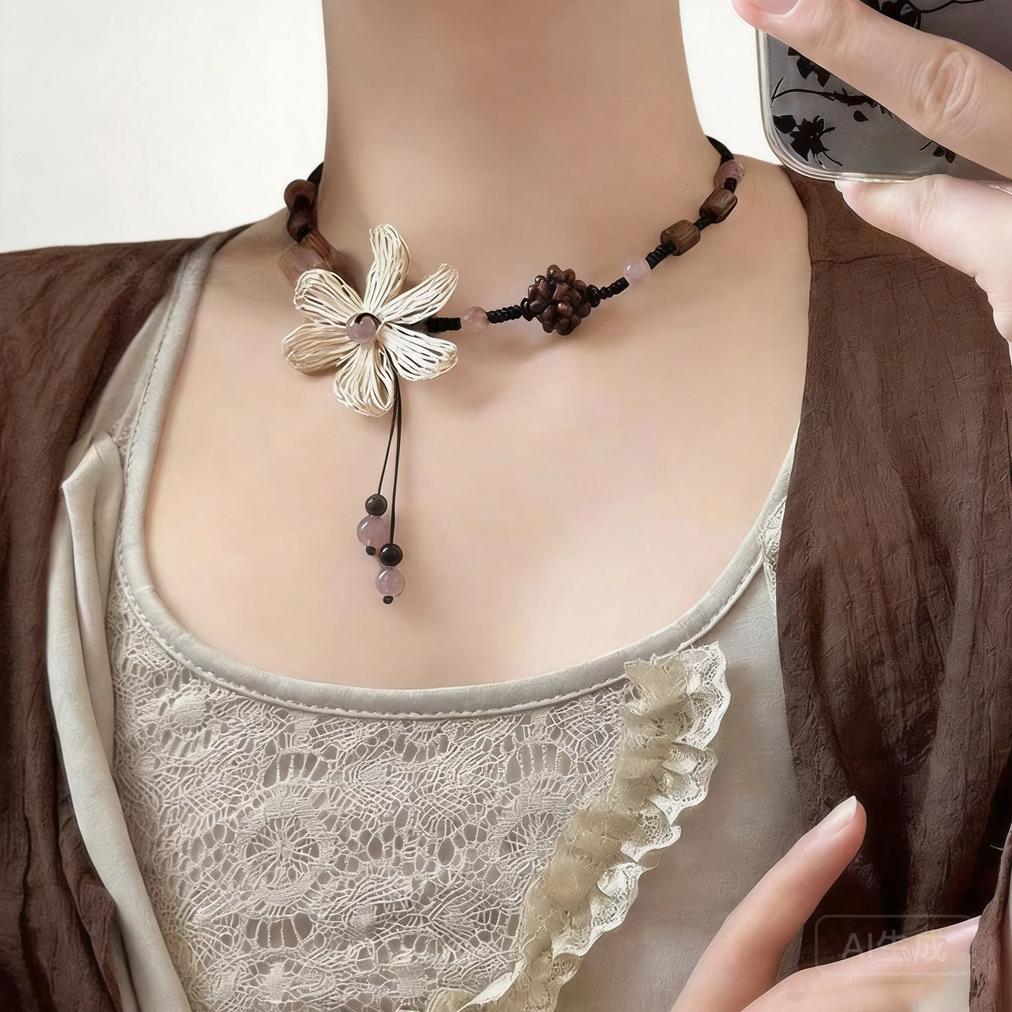 

Chinese Style Lucky Hand Woven Natural Wood Flower Tassel Choker Retro Ethnic Good Fortune Adjustable Clavicle Chain Necklace