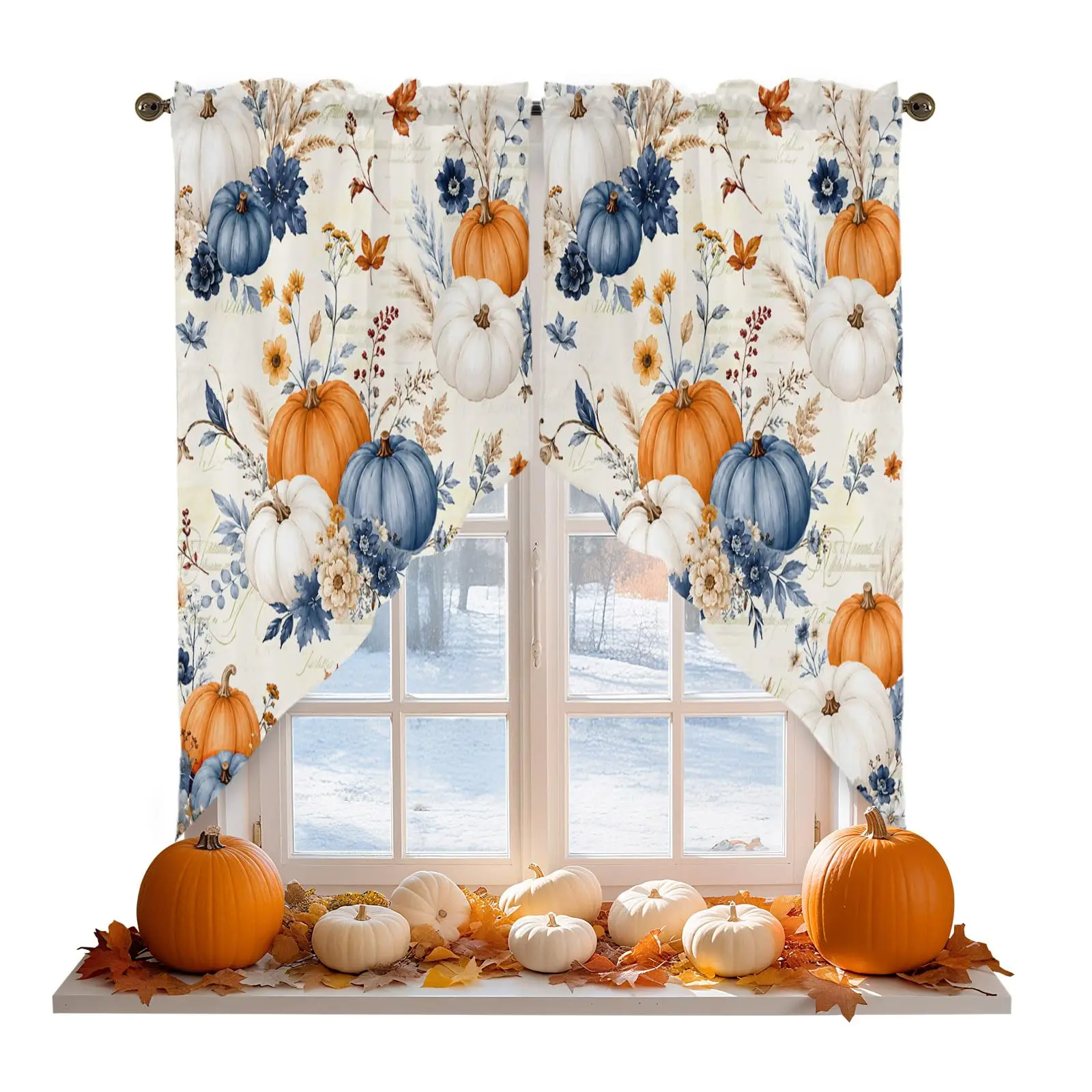 Orange Blue Pumpkin Swag Valance, Floral Botanical Rod Pocket Curtain 2 Panels, Thanksgiving Fall Kitchen Cafe Living Room Decor