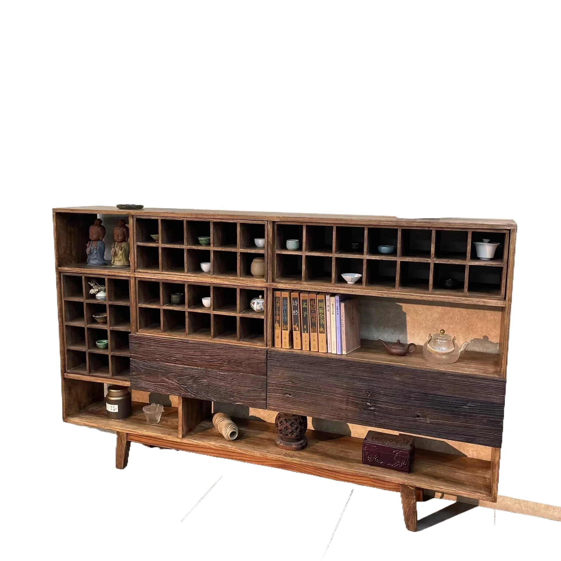 #Solid wood multi-grid antique ceramic rack display cabinet, old elm living room locker, Duobao Pavilion antique rack