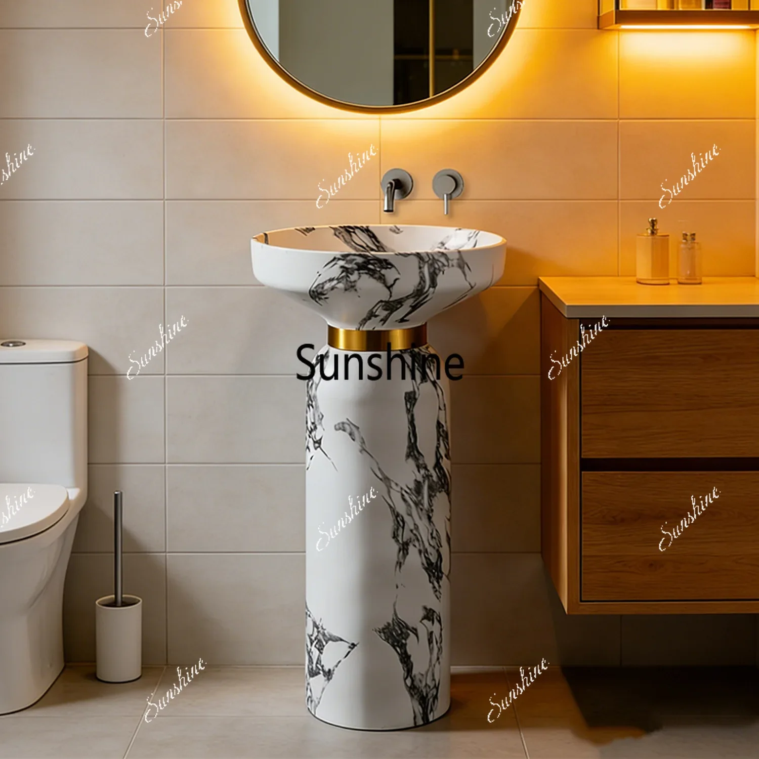 Luxury Premium Black Freestanding Pedestal Sink Integrated With Artificial Stone Basin Suitable For BalconyT*