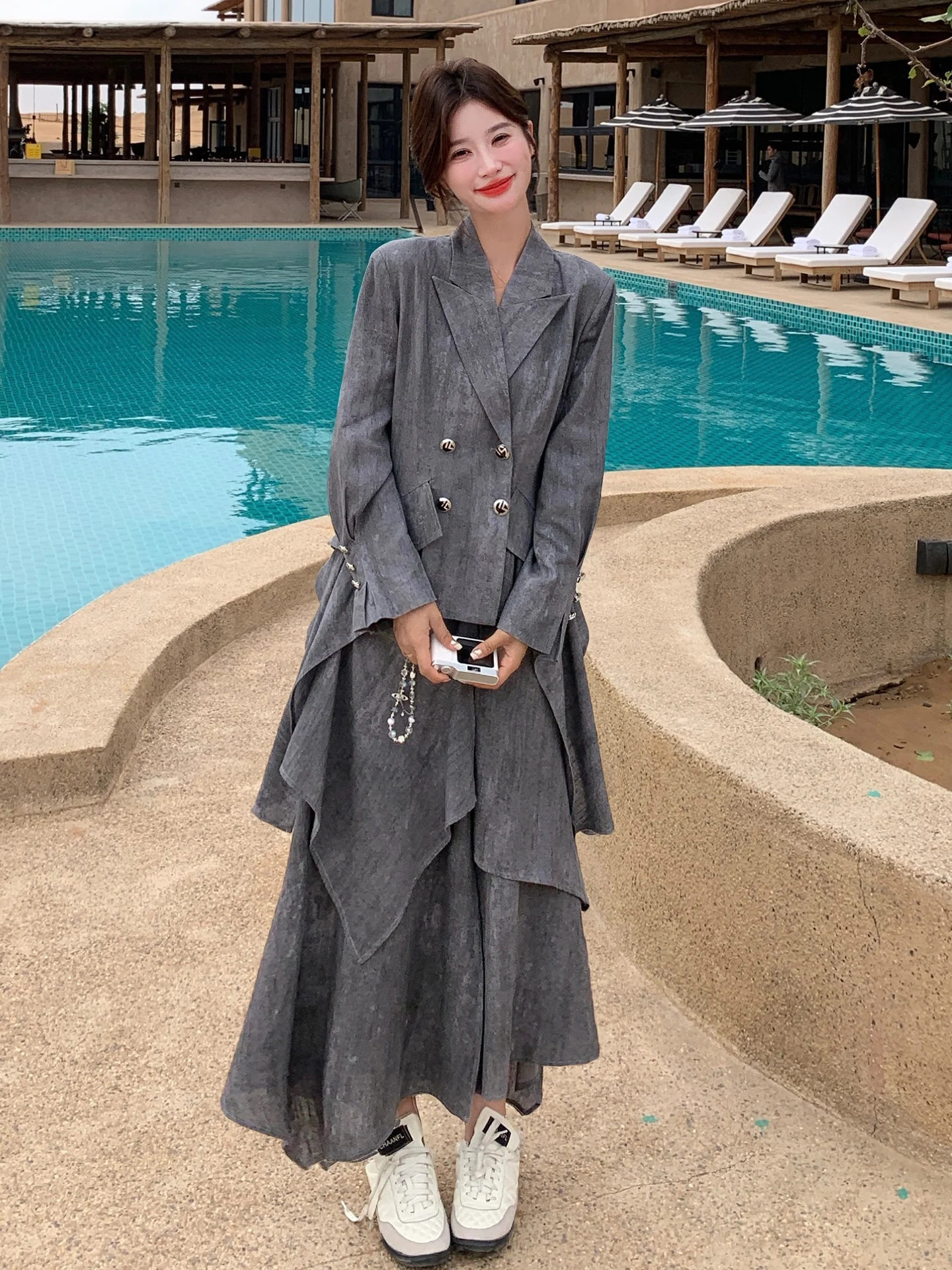 아이디언트 수트 세트 여성용 가을 2025 신상 고급스러운 느낌 비대칭 스커트 투피스 세트 캐주얼 슬레