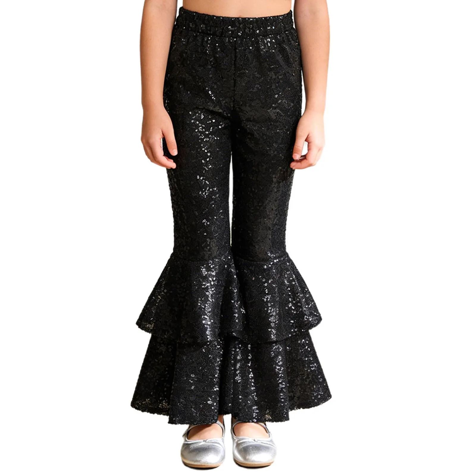 أطفال بنات 80s ديسكو الجاز الرقص السراويل بريق الترتر مرونة الخصر متوهج السراويل المتدرج جرس أسفل السراويل الطويلة للأداء