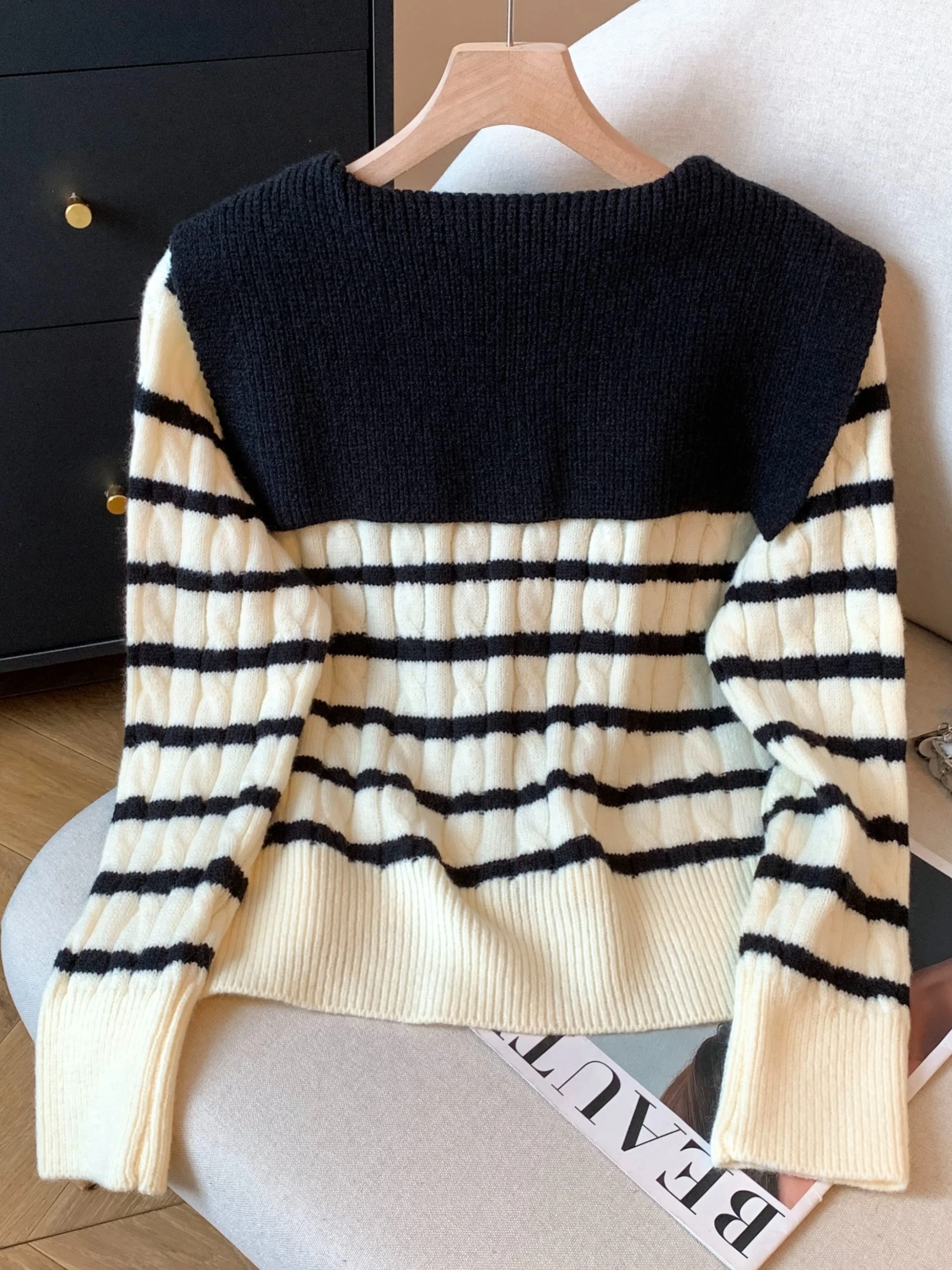 

Naval Collar Knitted ort Cardigan Women's Autumn Winter Design Self-Kept Color Blo Striped Sweater Jaet Korean Sle Sl...