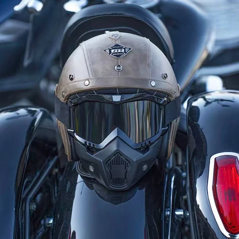 

Classic 3/4 Open Face Motorcycle Helmet with Real Leather Accents and Stitching Premium Vintage Look for All-Seasons Riding